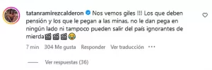 Captura de pantalla de un comentario de Sebastián Ramírez en Instagram. 